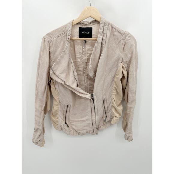 Nic + Zoe Jacket Women MEDIUM Tan Cream Long Sleeve Zip Front Linen Blend - Picture 1 of 8